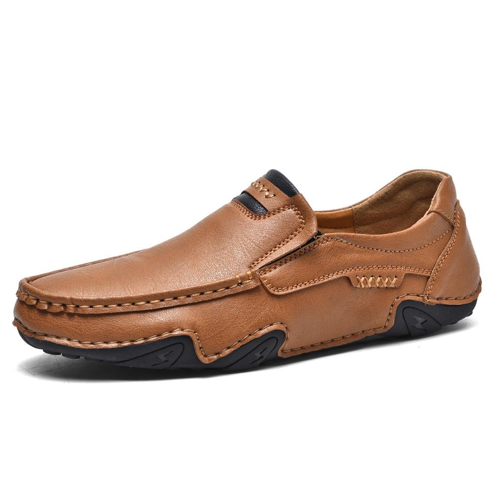 Breathable Leather Loafers for Men Handmade Stitching Slip On Shoes Outdoor Casual Big Size
