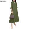 ZANZEA Women Loose Casual V-Neck Solid Color 3/4 Sleeve Long Dress