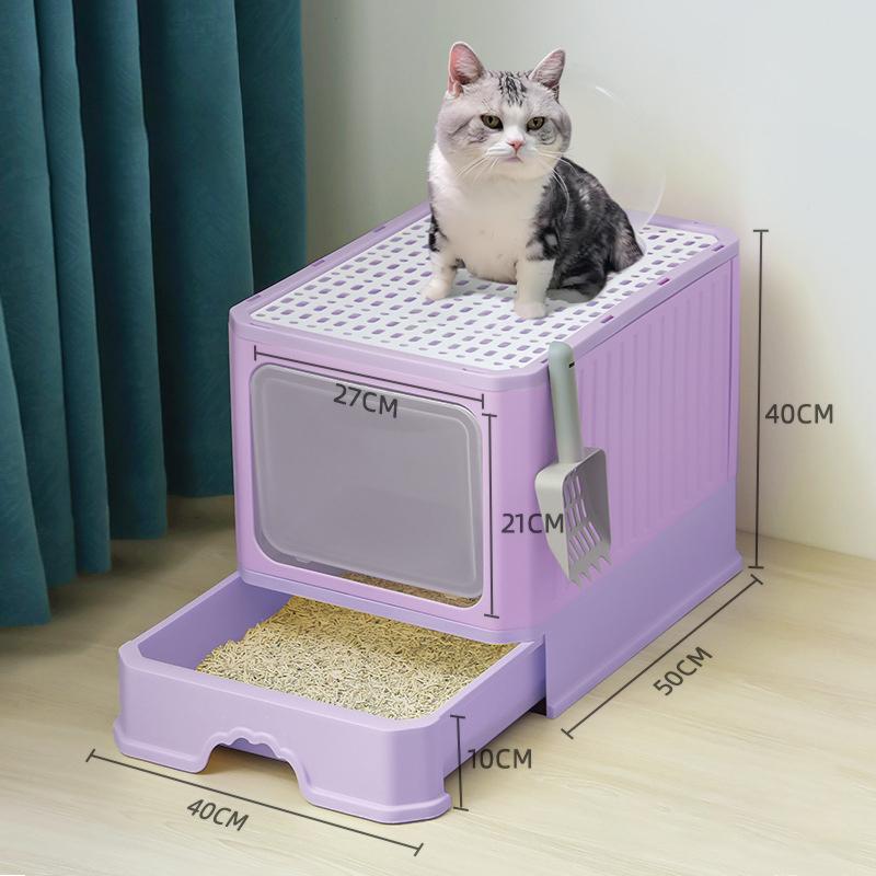 

Большой закрытый кошачий лоток с крышкой и лопаткой, складной дизайн, верхний выход, передний вход, контроль запаха, кошачий туалетный лоток фиолетовый