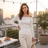 Women's Button Off-Shoulder Long Sleeve Knit Top Slim Fit Elegant Blouse for Work
