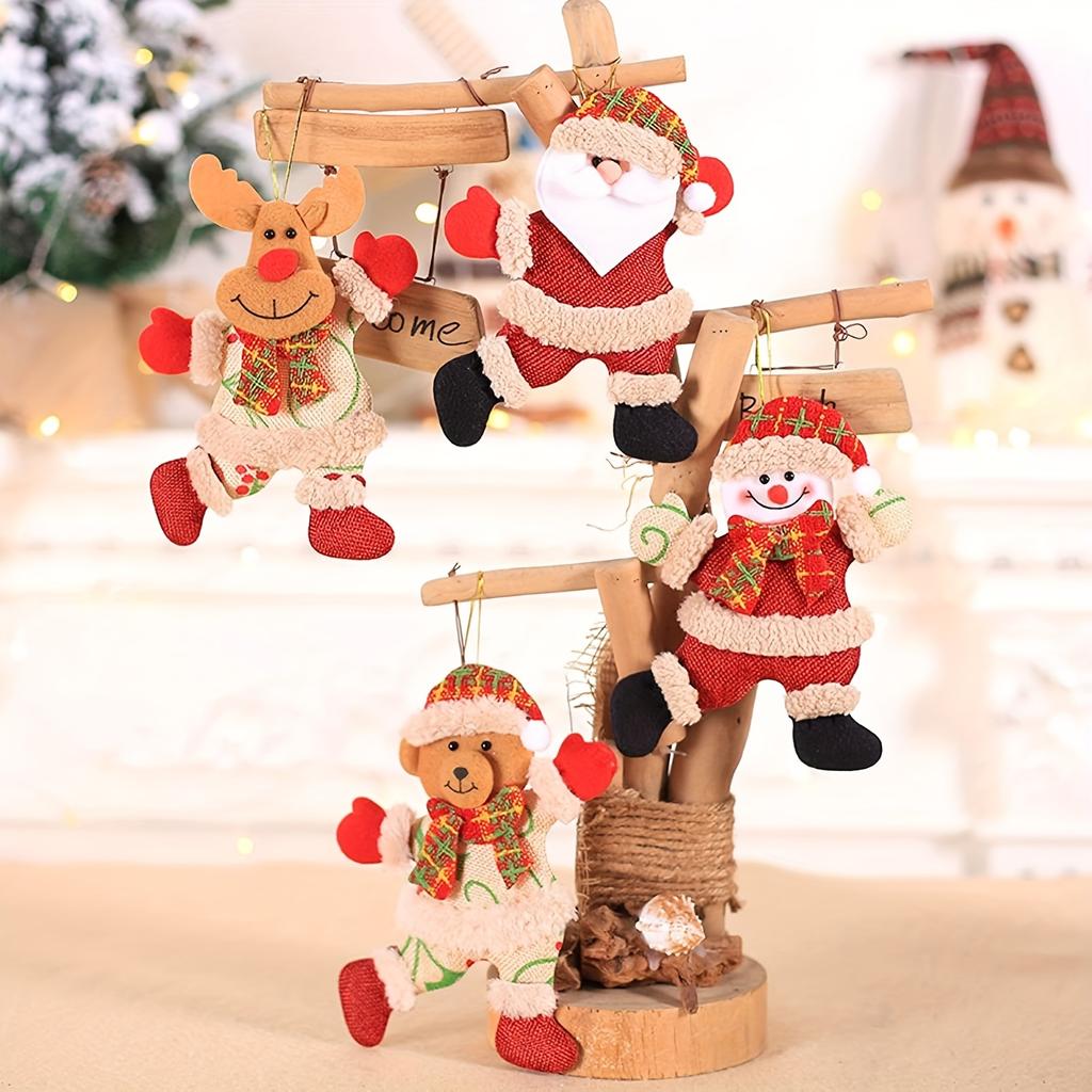 4pcs Christmas Tree Ornament Set Santa, Snowman, Reindeer, Bear Designs Festive Hanging Decorations for Holiday Party,Polyester,Holiday Pendant Decor