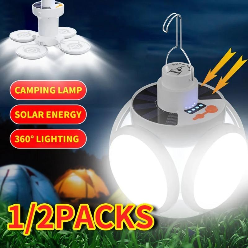 Portable Solar Camping Lantern LED Rechargeable Hanging Tent Lamp, Foldable Football Bulb with Hook Emergency Light for Outdoor Hiking Fishing