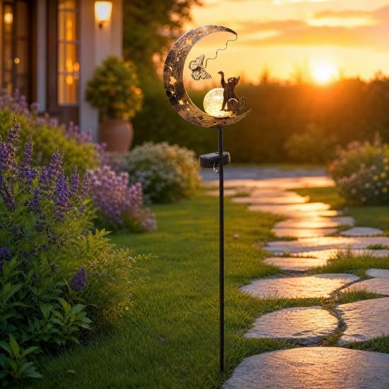 Solar Animal Garden Light, Moon Cat Bird Dog Solar Light with Metal Stake, Solar Powered Outdoor Animal Crescent Light for Patio Pathway Yard Decor