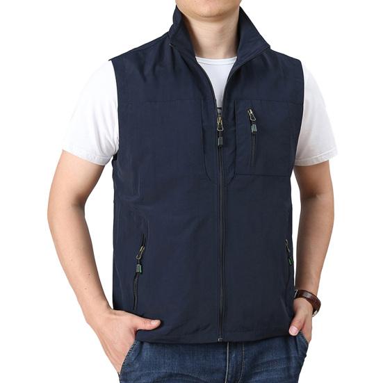 Colete Masculino Gola Alta Sem Mangas Fechamento com Zíper Cor Sólida Casaco Colete com Bolsos Colete de Pesca para Exterior