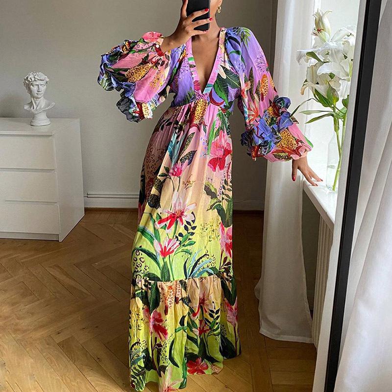 

Summer new European and American women s clothing printing gradual change color dress ruffle V neck sexy thin dress XXL