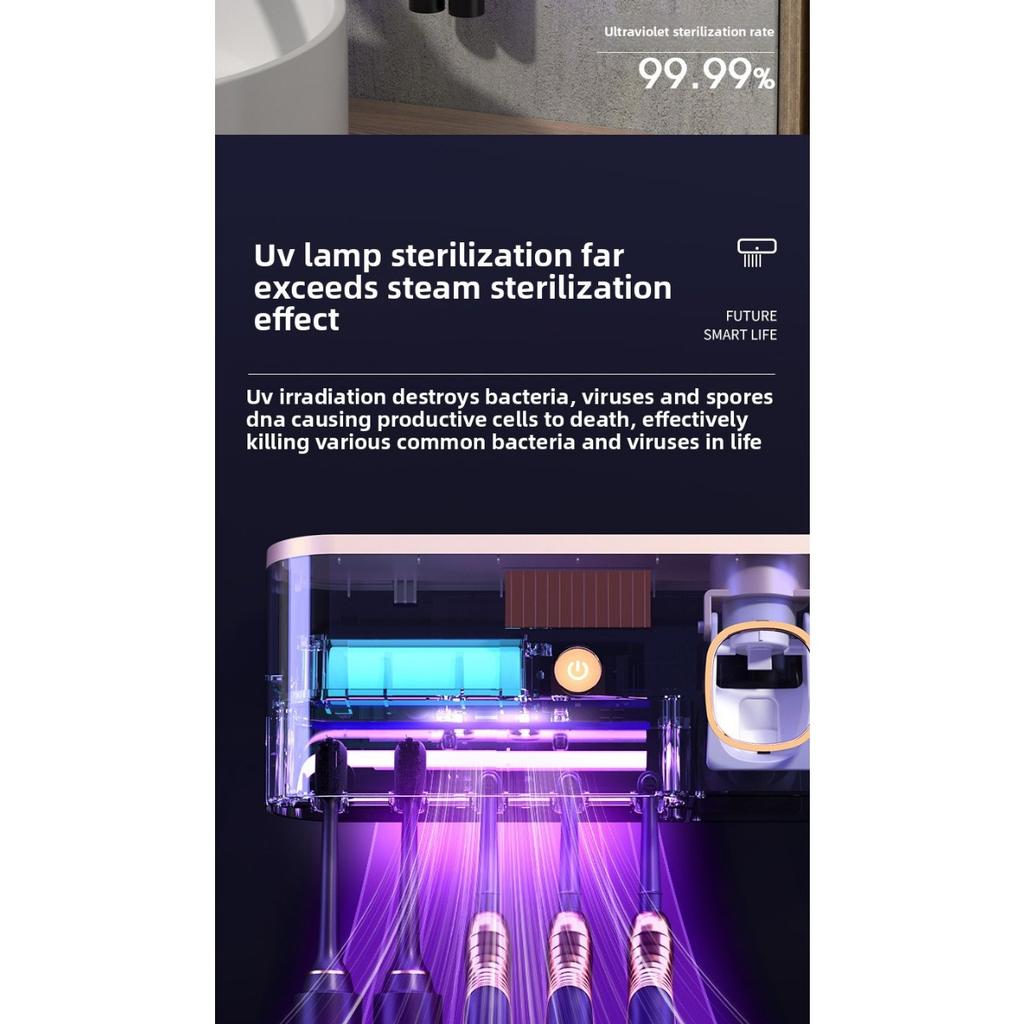 Sanitizator inteligent pentru periuțe de dinți cu 5 sloturi cu dozator automat de pastă de dinți, plastic durabil, baterie reîncărcabilă USB, organizator modern pentru baie