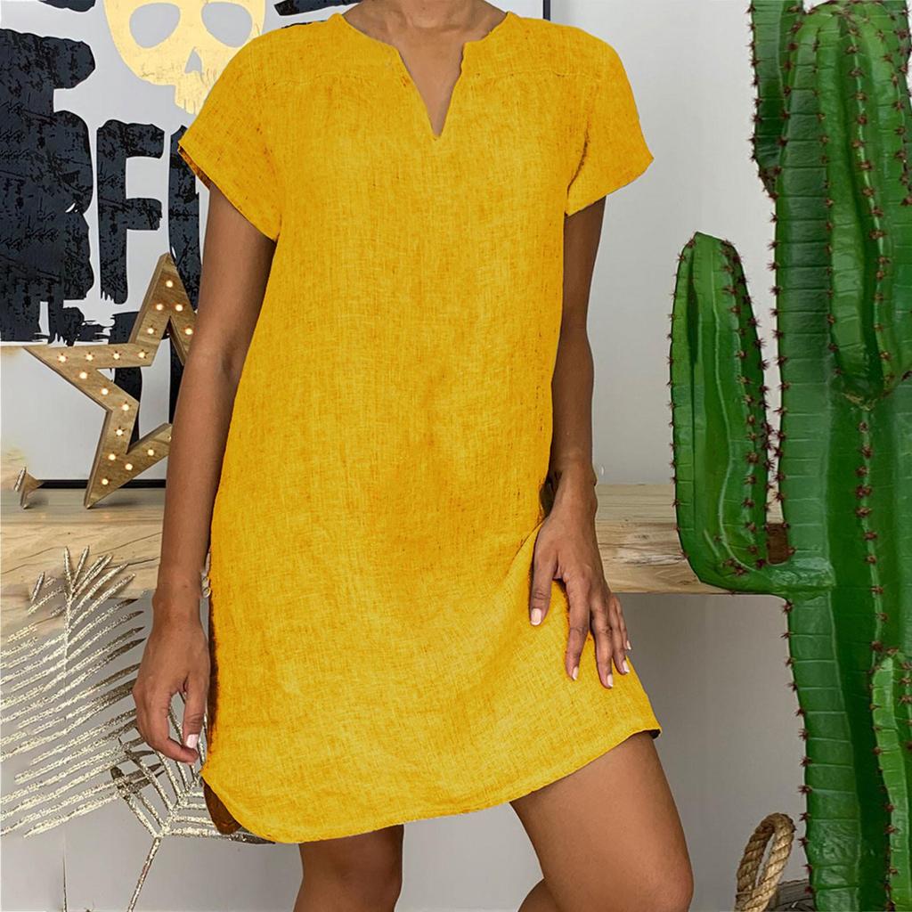 Mode Frauen Lose V-ausschnitt Sommer Solide Kurzarm Baumwolle Und Leinen Kleid