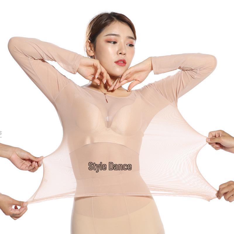 Ultra-Thin Transparent Mesh Skin-Tone Dance Base Layer, Flesh-Colored Long Sleeve Performance Wear