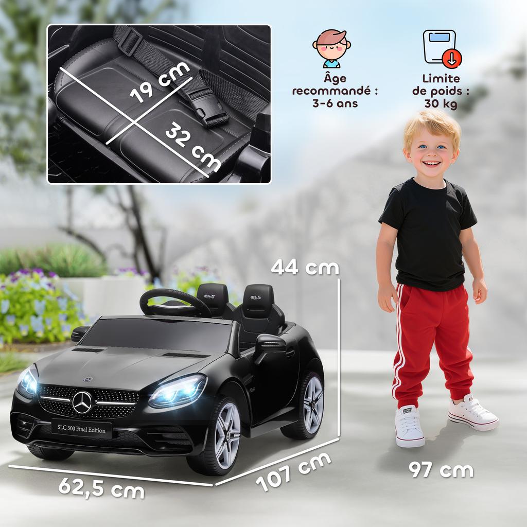 Children's electric car licensed Mercedes SLC 300 12V max speed 5 km/h sound and light effects remote control black