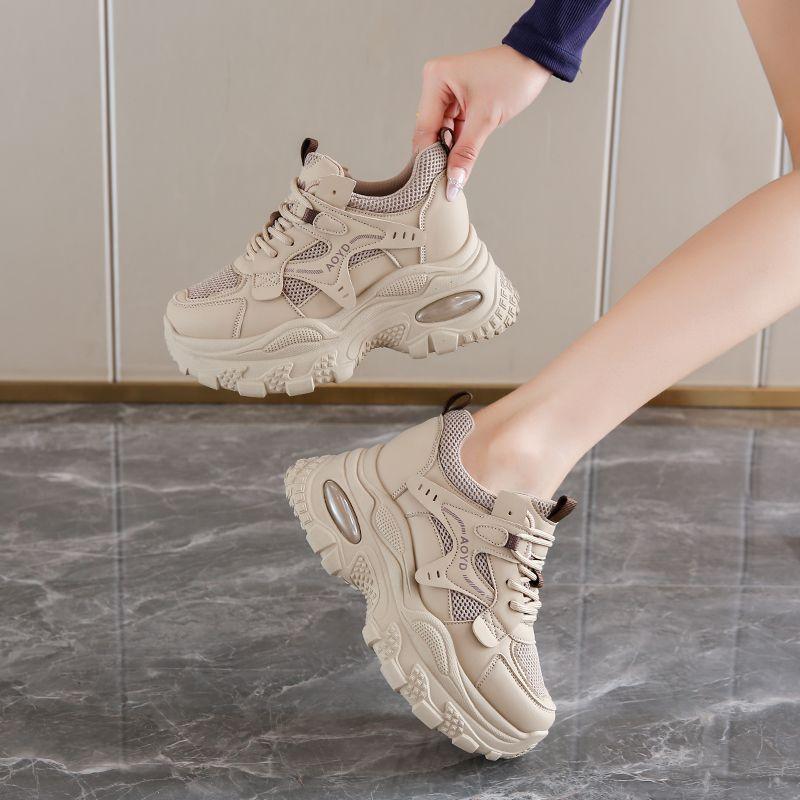 Women's Dad Shoes Leather Upper Thick Bottom Casual Sports Shoes Spring Autumn Breathable Lightweight Women's Shoes