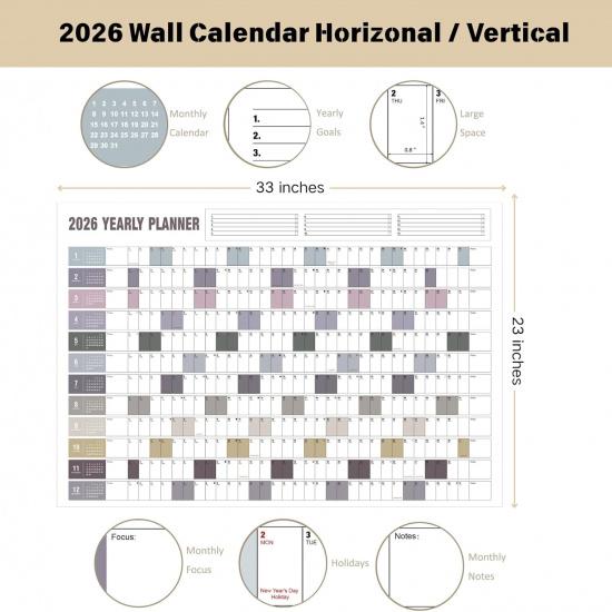 Yearly Wall Calendar 2026,Double Side Paper Full Year Wall Calendar One Page, 365 Day Calendar at One Glance, 23"X 33", Paper Folded,