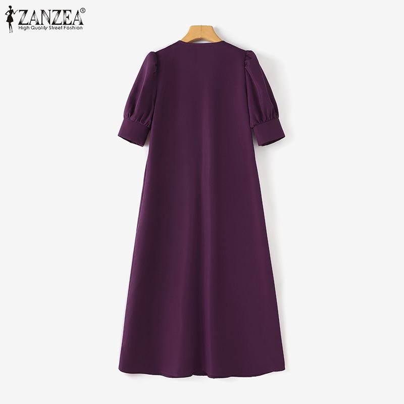 ZANZEA Women Casual V-neck Solid Color Loose Short Sleeve Dress