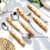 304 Stainless Steel Bamboo-Handled Knife Fork Spoon Set for Hotel Tableware and Western Food, Thickened Dessert Spoon and Steak Knife Fork.