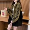 Women Color Block Mid Length Loose Hooded Open Cardigan Thin Casual Sweatshirt Coat