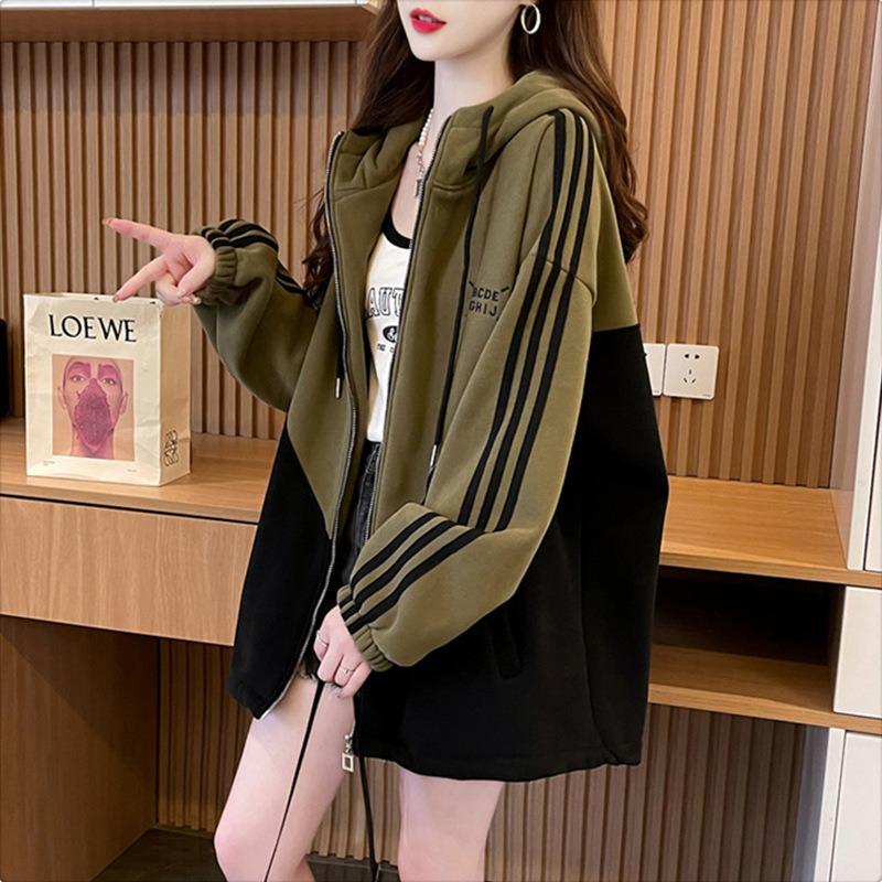 Women Color Block Mid Length Loose Hooded Open Cardigan Thin Casual Sweatshirt Coat