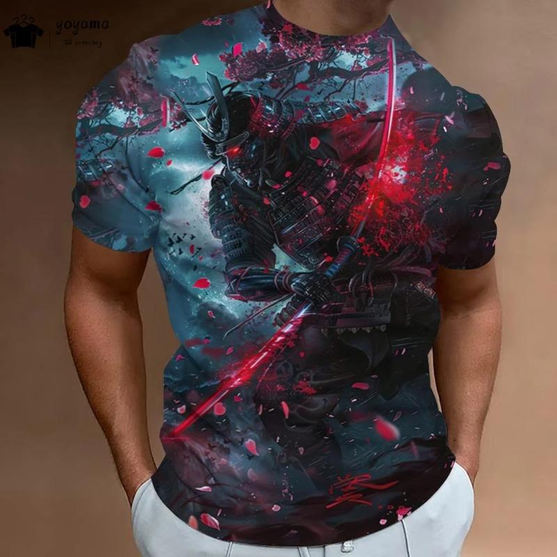 Vintage 3D Samurai Pattern T-Shirt Men Summer Outdoor Men Top Fashion Breathable Men Short Sleeve Tee Round Neck Men's Clothing