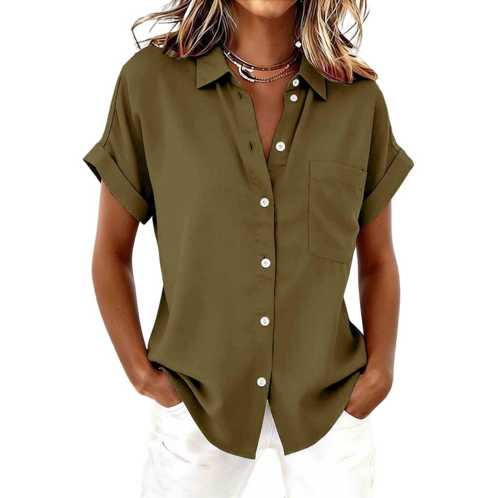 Women's -color Short-sleeved Button-down Collared Blouse