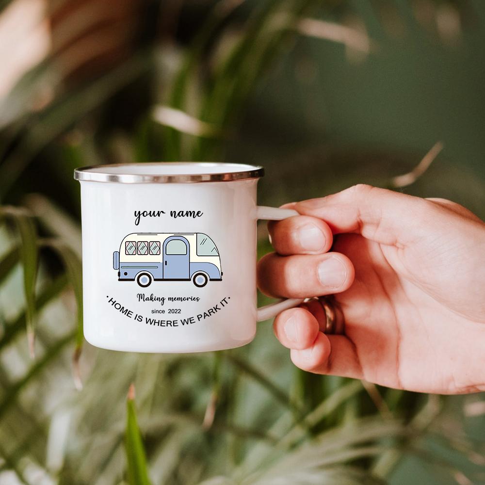 Campervan Enamel Coffee Mugs Couple Travel Name Custom Cups His and Hers Retro Caravan Personalised Camper Van Gifts Present