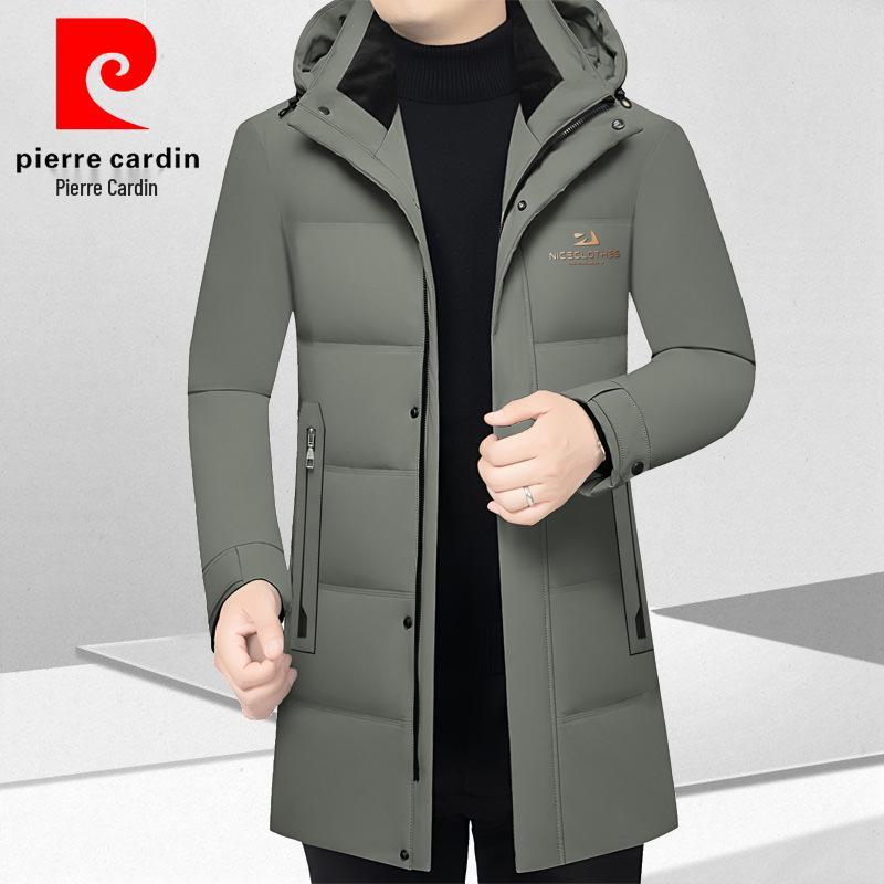 Pierre Cardin Men's Mid-Length Goose Down Jacket with Detachable Hood - Winter Business Casual Thick Outerwear