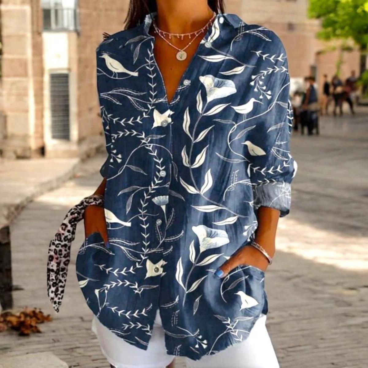 

Жіноча, Повсякденна, З довгим рукавом, Сорочка на ґудзиках, Квітковий принт, Можна прати в машині, Повсякденний, Вільний крій 4XL