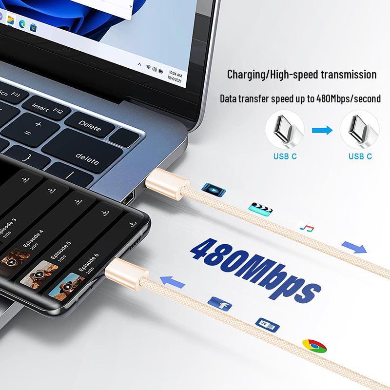 240W Braided Dual Type-C Fast Charging Cable for Apple, Huawei, Xiaomi, and Android Devices