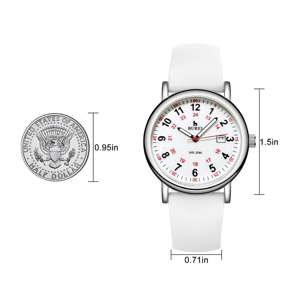 Analog Silicone Nurse Watch [BUREI] Wristwatch, Display, Quartz, Waterproof, 24-Hour Display, Date, Popular, Luminous, Easy-to-Read Dial, Band,