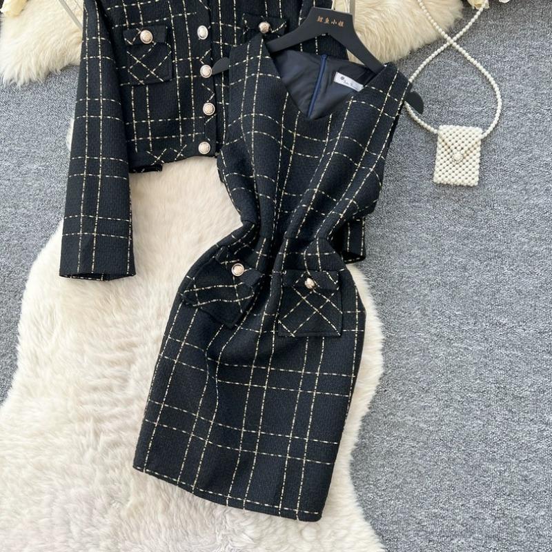 Tvådelade Set Damkläder Klänningsdräkt Nedvikt Krage Långärmad Croppjackor Tunika Tweed Rutiga Klänningar Set