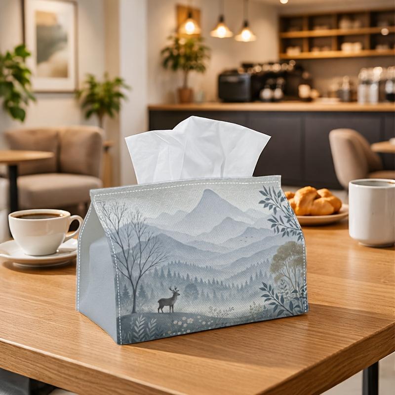 A Single Piece of Tissue Holder Featuring an Atmospheric Landscape Illustration with a Misty Mountain And Deer Scene, Crafted from Durable Polyester F
