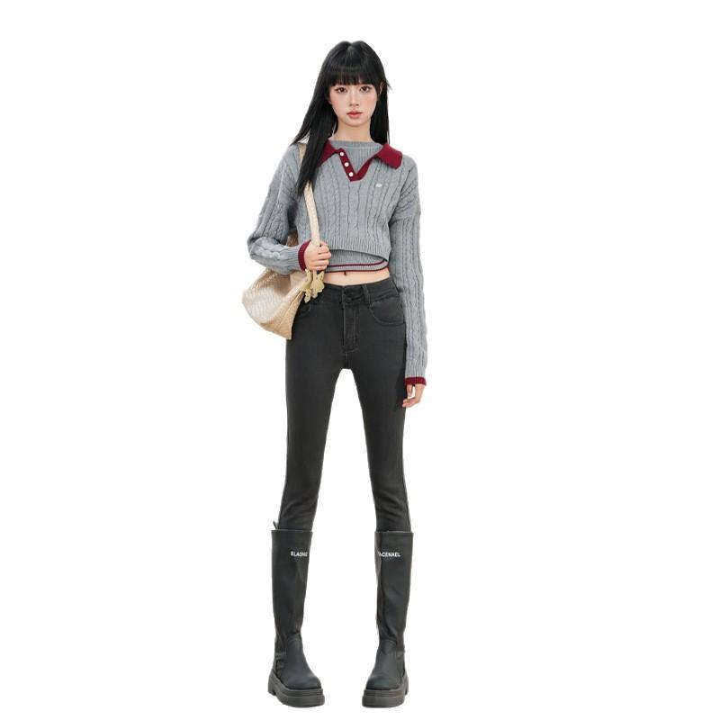 Jeans women's autumn and winter new velvet high waist slim fit thin elastic tight small feet pencil pants