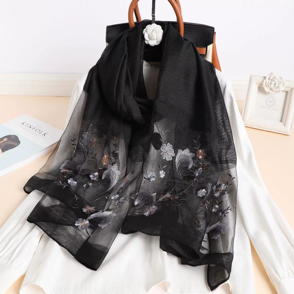 Silk Women Scarf Warm Wool Shawls Lady Wraps Floral Pashmina Embroidery Scarves Foulard Hijab New Long Female Hair Bandana