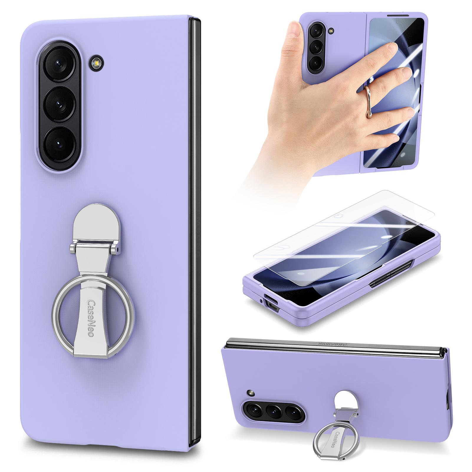 

For Samsung Galaxy Z Fold6 5G Case Ring Holder PC Phone Cover with Tempered Glass Film Purple