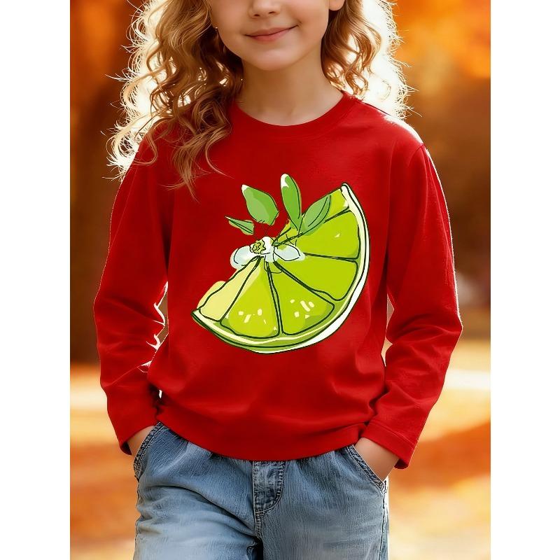 European sizes Kids Casual Sports Long Sleeve T-Shirt Cartoon Lime Slice Print with Leaves Small Decorative Elements Skin-Friendly Soft