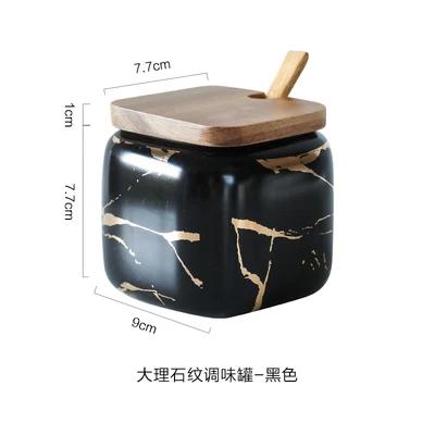 Matte Marble Pattern Ceramic Kitchen Spice Jar Oiler Set Wooden Cover Salt Shaker Spice Jar Kitchen Condiment Storage Rack Set