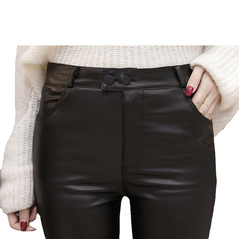 Korean Style Fleece-Lined PU Matte Leather Skinny Leggings with Single/Double Buttons