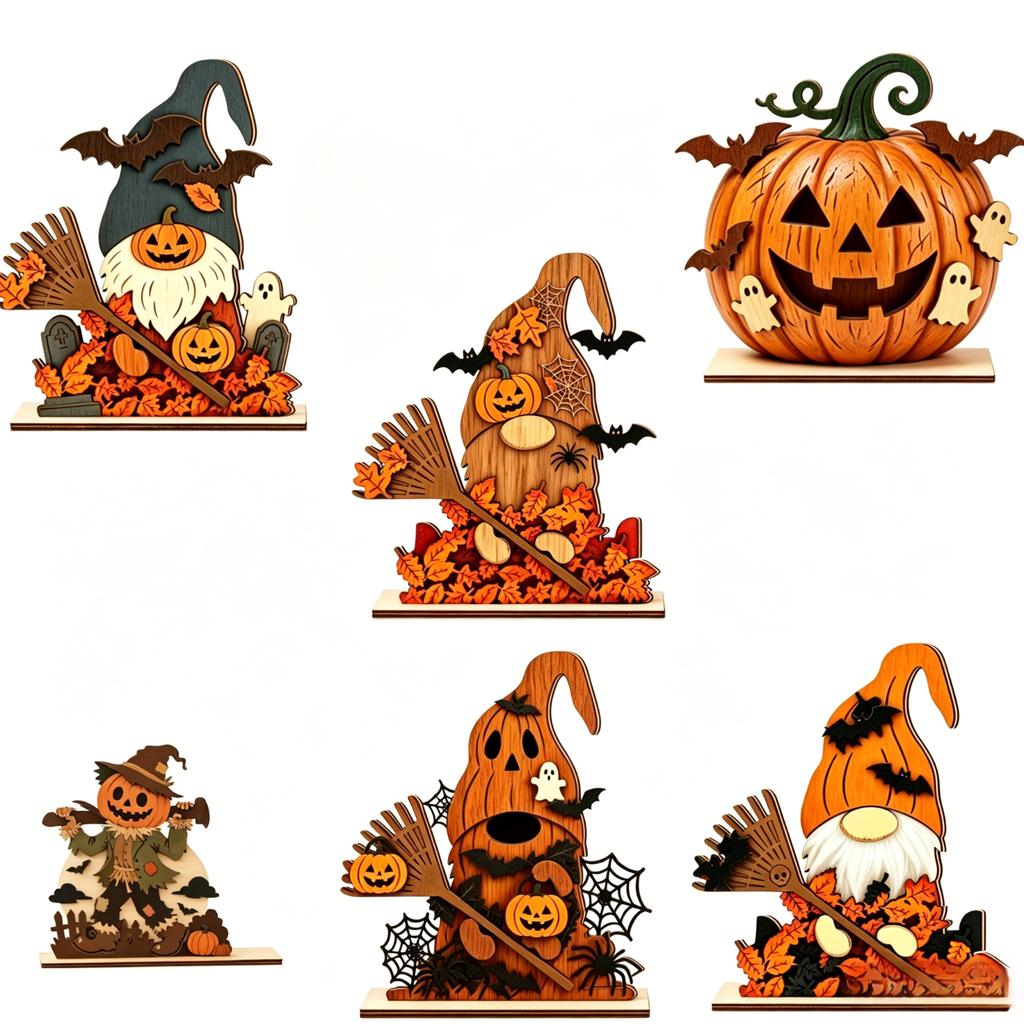 Autumn Halloween Wooden Decorative Figurines Set Random Style Seasonal Home Tabletop Decoration Indoor Outdoor Display