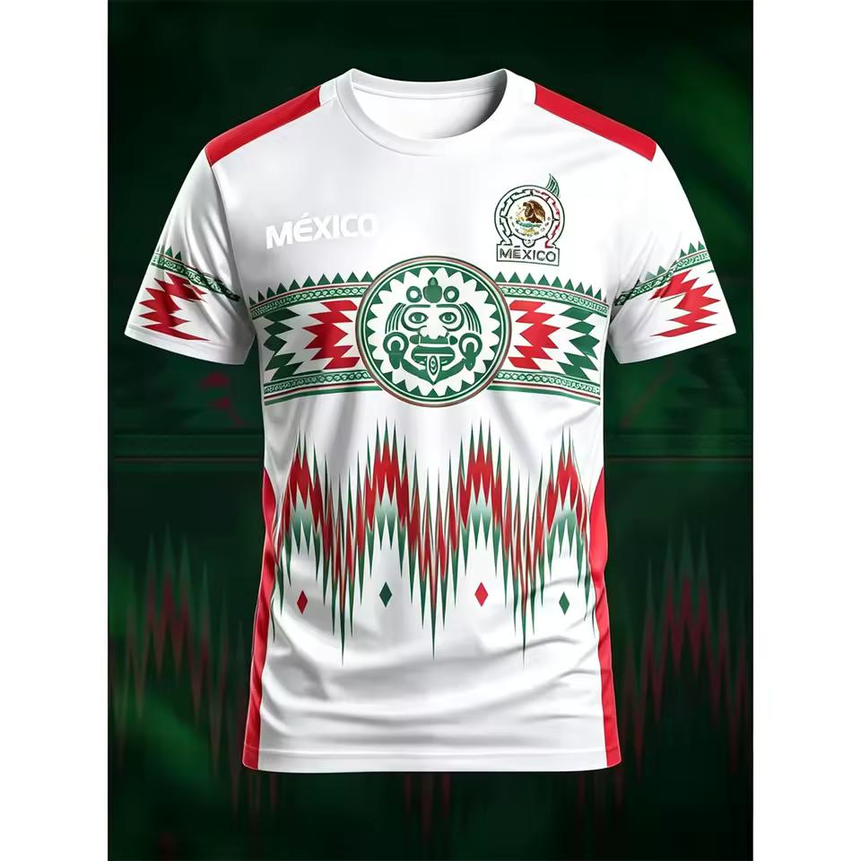 Men Mexico National Soccer Jersey Aztec Tribal Pattern 3D Print Short Sleeve Football Shirt Breathable Sport Fan Training Tops
