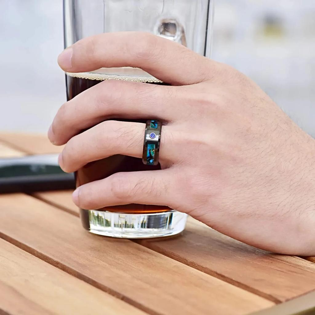 Fashion 8MM Men Black Stainless Steel Abalone Shell Rings Inlay Blue Cubic Zirconia Rings For Men Wedding Band Jewelry Wholesale