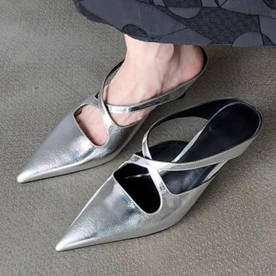 Fashion Elegant Pointed Toe Kitten Heel Designer Slippers Women Fashion Cross Tied Brand Slide Sandals Comfortable Commuter Office Shoes