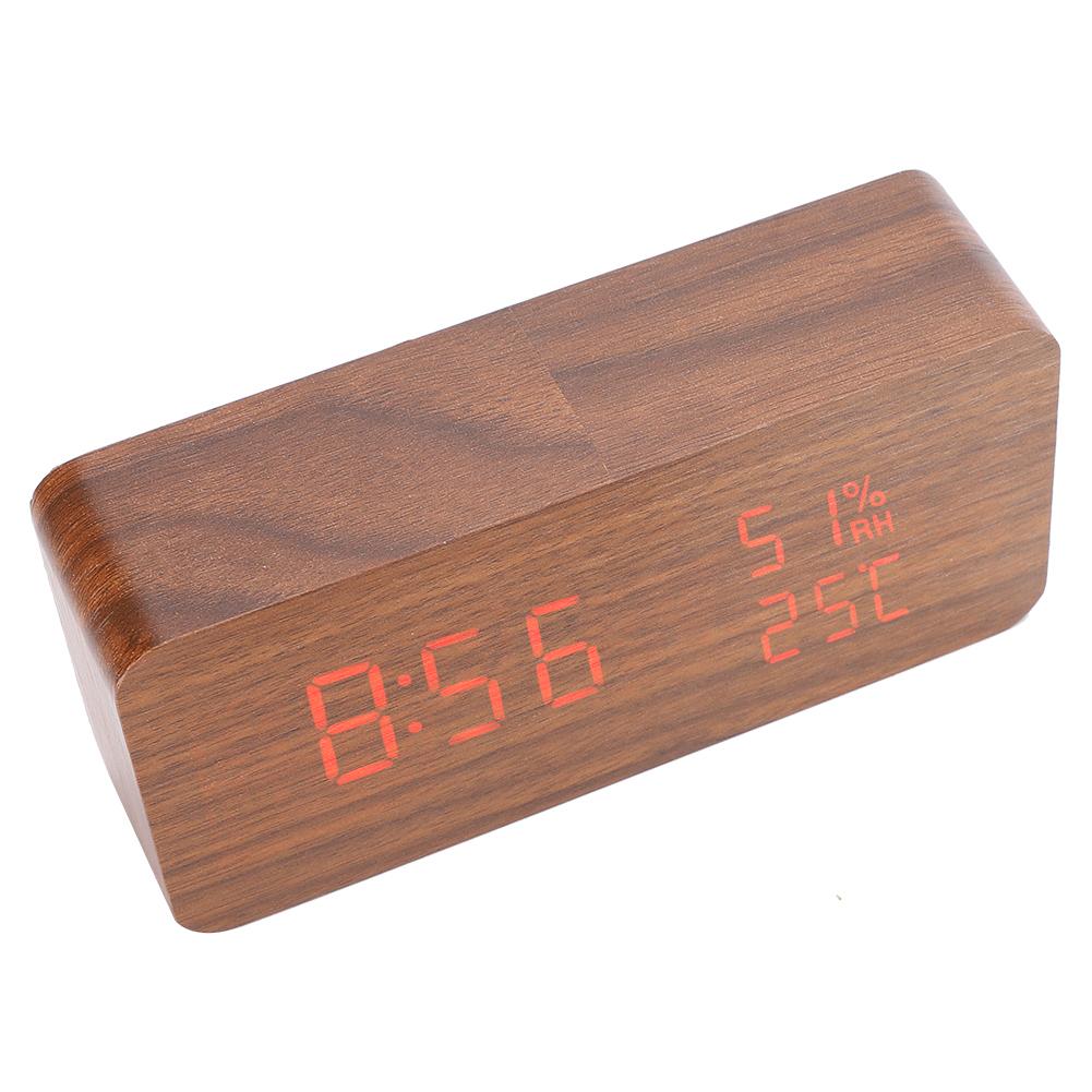 Wooden Alarm Clock LED Voice Control Desk Rectangular Brown Wood Red Light Digital Clock