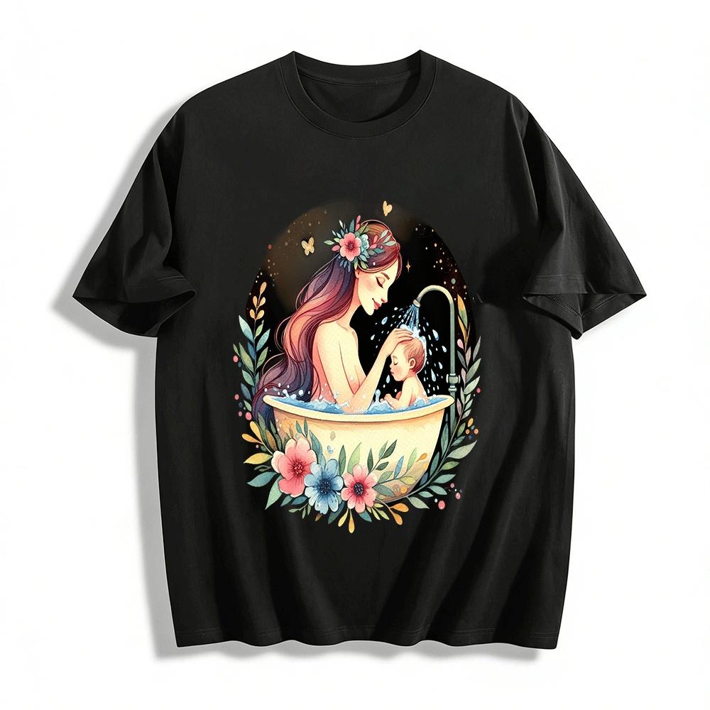 Warm Parent-child Bath Print Adult T-shirt Maternal Love Casual Top Pure cotton T-shirt XXS