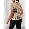 Women Summer Fashion Newspaper Print Button Down V Neck Shirt Blouse