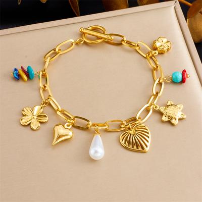 Stainless Steel Hollow Out Love Simulation Pearl Turquoise Bracelet For Women Wrist Chain Jewelry Party Gift
