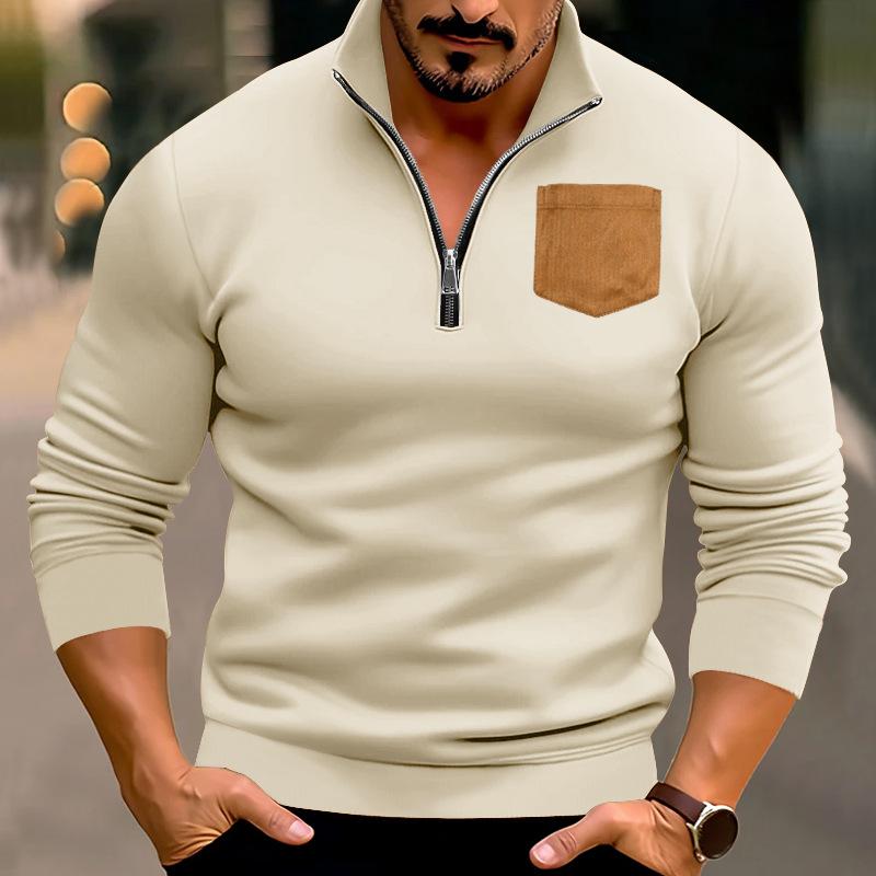 

New Casual Men s Half-Zip Stand Collar Patch Pocket Thick Hooded Sweatshirt Oversized Top XXXL абрикосовый