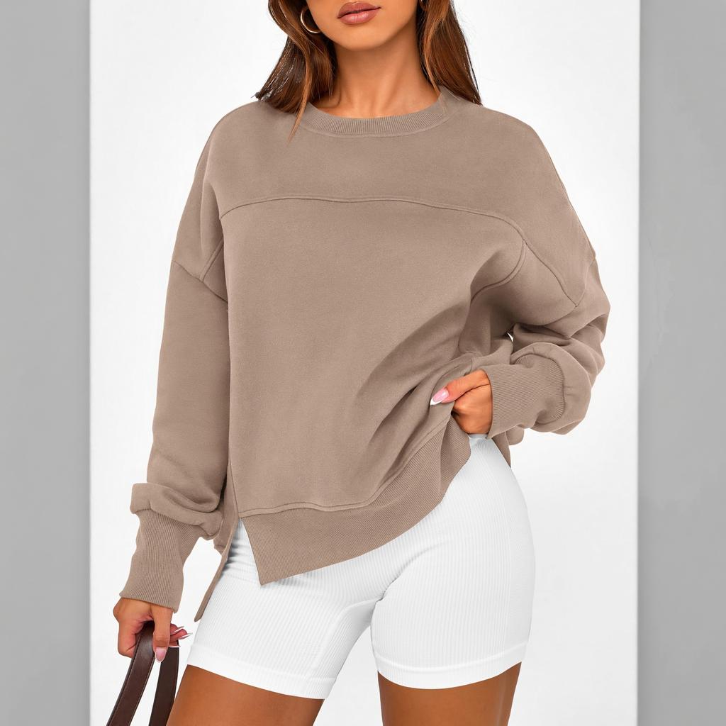 Women's Casual Long Sleeve Neck Side Slit Sweatshirt