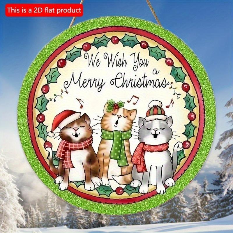2d Flat 20*20cm, Christmas Home Decoration, Wooden Sign with Three Singing Cats, Circular Sign Decoration Board, for Home, Kitchen, Garden, Bedroom