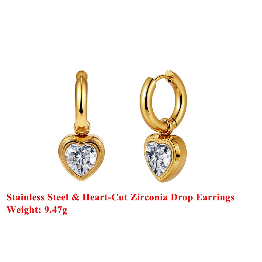 Effie Queen Ohrhänger aus Edelstahl und 18-karätigem Gold mit herzförmigem Zirkonia – romantischer Schmuck für Damen, Hochzeit, Party, Bankett STKE10