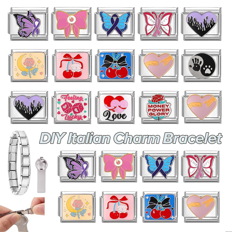 Pink Purple Butterfly Cherry Heart Tai Chi Bow Knot Italian Charm Link Fit 9MM Bracelet Stainless Steel Women Men DIY Making