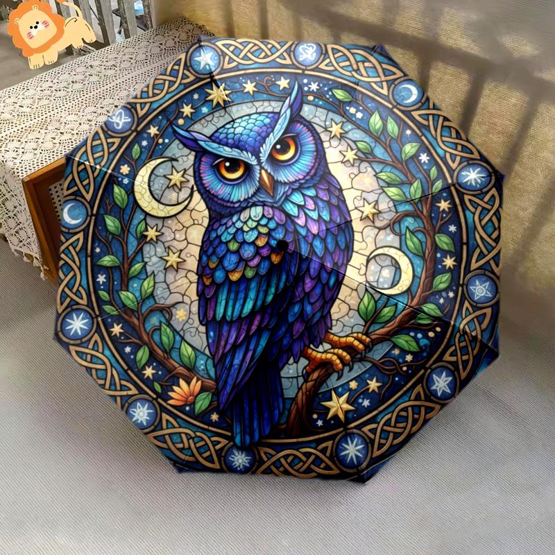 Flower Owl pattern, automatic folding umbrella, portable and foldable design, 8 ribs, a Christmas or birthday gift.