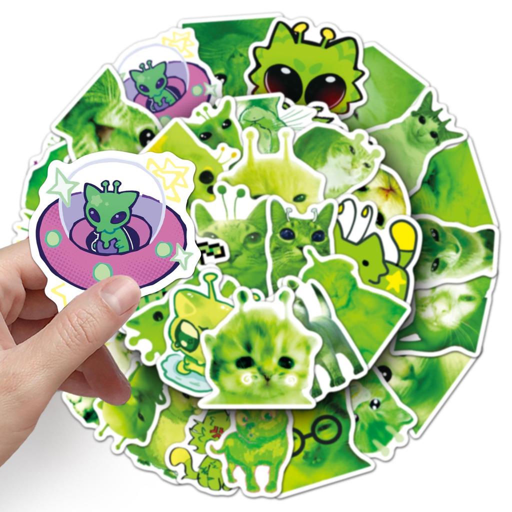 50 Abstract Alien Cat Stickers: Green Goofy Kitten Emoticons for Journals, Stationery, Suitcases - No-Cut Stickers