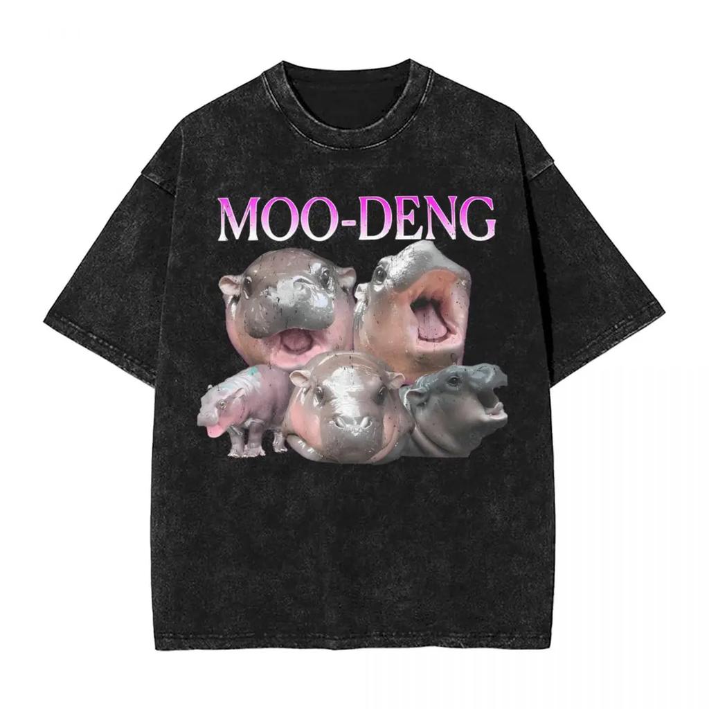 Moo Deng The Famous Baby Pigmy Hippo T Shirt Washed Cotton T-Shirts for Men Women Tops Streetwear Printed Tee Shirt